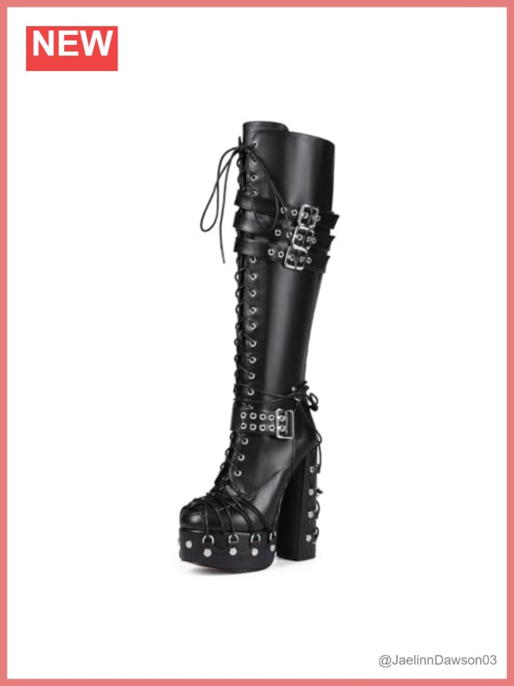 Gothic Knee High Boots Lace Up Block Heel Faux Leather Side Zipper